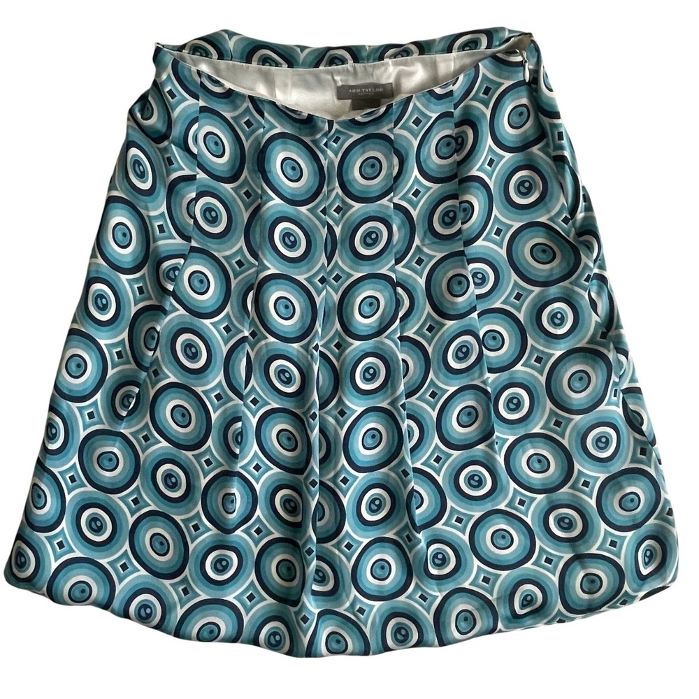 Ann Taylor Petites Skirt‎ 0P Teal Blue Pleated Geometric Print Circle Pattern